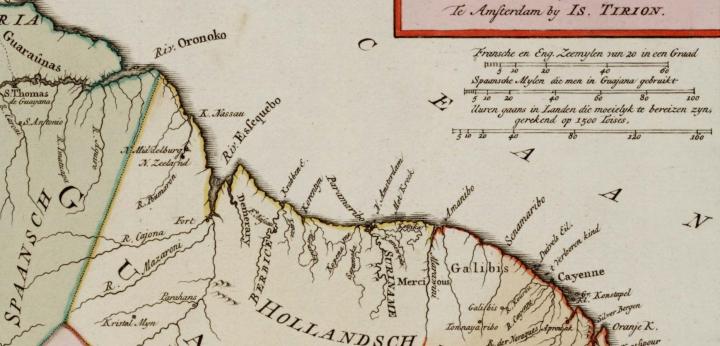 Kaart van de Wilde Kust met de kolonies Essequebo, Demerary en Berbice in het huidige Guyana (uit: Tegenwoordige Staat van America II, CDED).