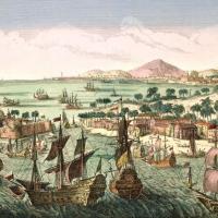 Het Nederlandse eiland Sint Eustatius ingenomen door de Britse vloot in februari 1781, ets door Johann Baptist Bergmüller. (Library of Congress, Washington, 2004670216, commons.wikimedia.org. PD-US) 