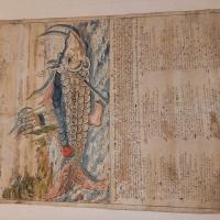 Ingekleurde tekening en een beschrijving op rijm van een monster dat gevangen is in de Zwarte Zee tussen het kasteel van Alexander de Grote en Constantinopel met daaronder een beschrijving en gedicht. 
