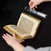 Close-up van het hanteren. Het handschrift wordt opengehouden met een acrylvinger en op de achtergrond is een ‘object level target’ te zien. 
