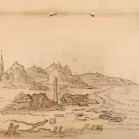 Tekening door Hendrik van Schuylenburg van de door een januaristorm op het strand van Domburg bloot gekomen altaren van de Romeinse godin Nehalennia. Handschriftencollectie Zeeuwsch Genootschap der Wetenschappen in ZB | Bibliotheek van Zeeland.