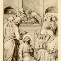 Christus predikt in de tempel. Ongedateerde en niet toegeschreven lichtdruk van een ontwerp door het atelier F. Nicolas en Zonen, mogelijk van de hand van professor Klein uit Stuttgart.