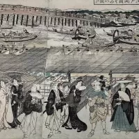 Japanse houtsnede Rijksmuseum met verbleekte kleuren (detail)