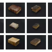 Een overzicht van verschillende boekbanden uit de collectie van Bibliotheek Rotterdam. Vlnr, van boven naar beneden, 96E18, 96F2, 96F3, 96F5, 96G11, 96G5.