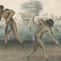 Tot slaaf gemaakte mannen werken op het land, anoniem, ca. 1850. Detail van de aquarel uit de collectie van het Rijksmuseum. 