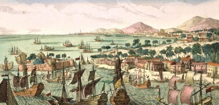Het Nederlandse eiland Sint Eustatius ingenomen door de Britse vloot in februari 1781, ets door Johann Baptist Bergmüller. (Library of Congress, Washington, 2004670216, commons.wikimedia.org. PD-US)