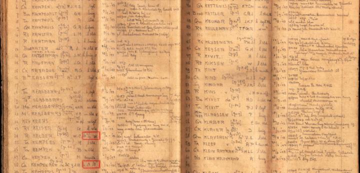 Een schriftje met alfabetische lijsten van omgekomen Nederlandse krijgsgevangen in Birma. (foto: NIOD)