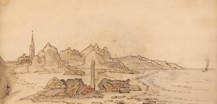 Tekening door Hendrik van Schuylenburg van de door een januaristorm op het strand van Domburg bloot gekomen altaren van de Romeinse godin Nehalennia. Handschriftencollectie Zeeuwsch Genootschap der Wetenschappen in ZB | Bibliotheek van Zeeland.