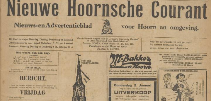 Nieuwe Hoornsche Courant, 31 december 1929 (detail)
