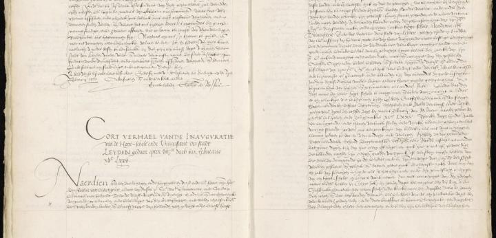 Twee pagina's uit de Net-resolutiën van Curatoren (en Burgemeesters) (UB Leiden, AC1 18)