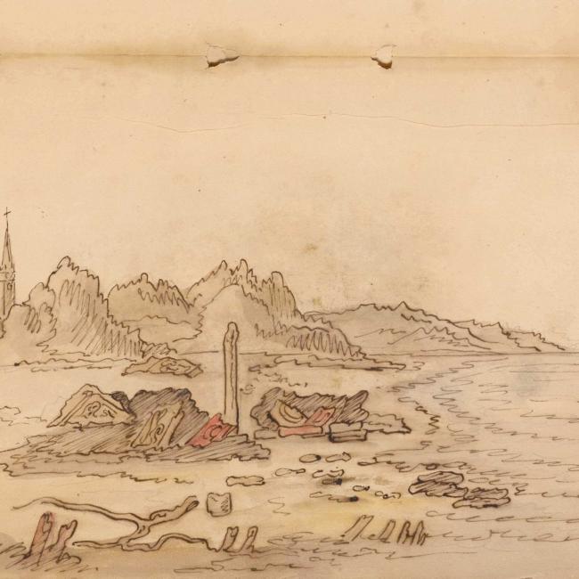 Tekening door Hendrik van Schuylenburg van de door een januaristorm op het strand van Domburg bloot gekomen altaren van de Romeinse godin Nehalennia. Handschriftencollectie Zeeuwsch Genootschap der Wetenschappen in ZB | Bibliotheek van Zeeland.